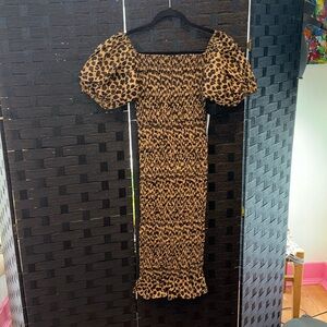 Never Fully Dressed Puffy Sleeve Cheetah Print Midi Dress